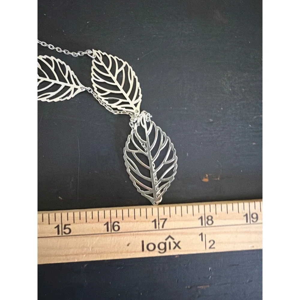 Silver Tone Filigree Leaf Long Chain Layering Necklace Layering
